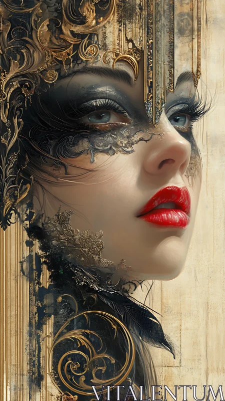 Profile portrait shows ornate mask and red-lipped face