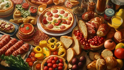 Italian antipasto table shows abundant breads, meats, fruits