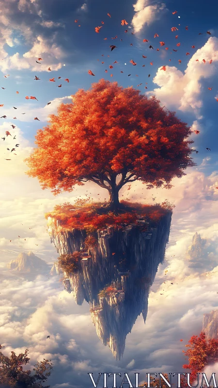 Floating autumn tree crowns a soaring island above clouds.
