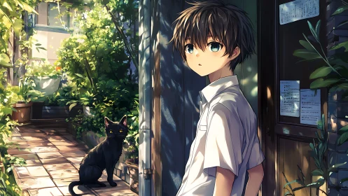 Quiet garden doorway with a boy and a watchful black cat.