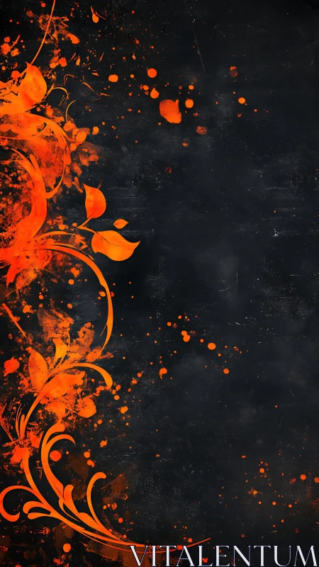 Fiery orange floral flourishes ignite a dark grunge canvas