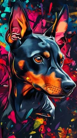 Doberman portrait in multicolored abstract graphic style.