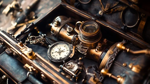 Steampunk navigation tools and brass instruments in case.
