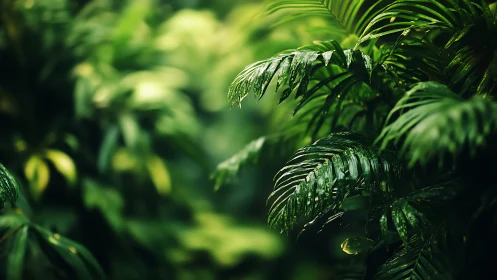 Rain-kissed jungle fronds whisper in soft emerald hush
