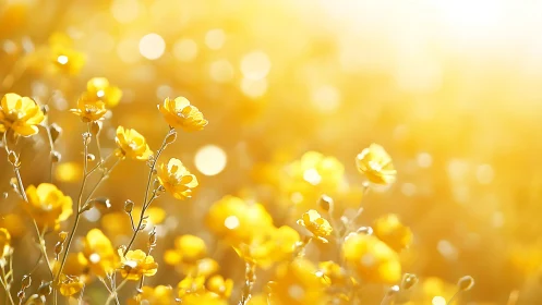 Yellow Wildflowers in Soft Focus, Backlit by Natural Light.