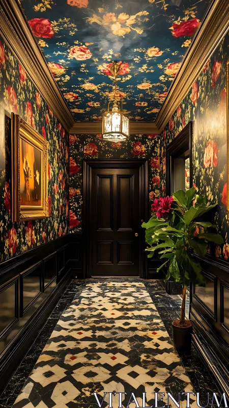 Floral hallway with patterned floor and dark paneled door.