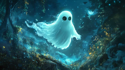 Glowing cartoon ghost drifting through enchanted moonlit forest.
