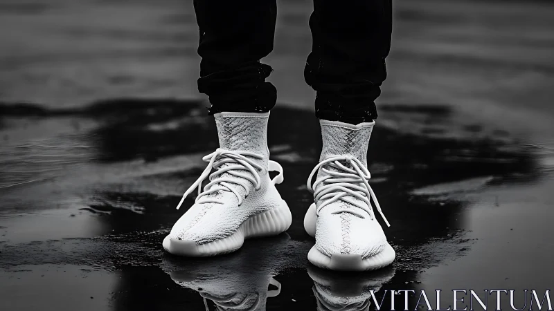 Minimalist white sneakers on wet asphalt pavement at dusk.