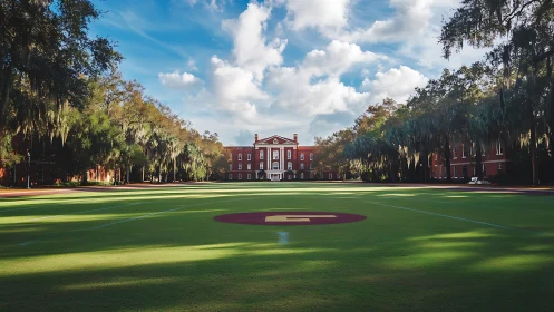 Red brick campus hall facing central athletic field.