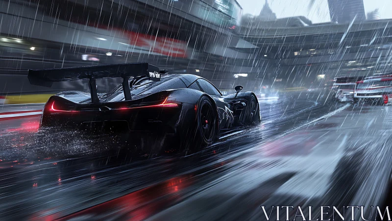 Sleek race car slices through a neon wet track in heavy rain