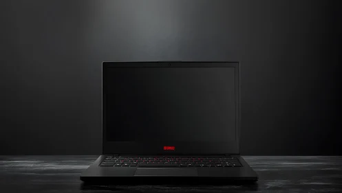 Closed-screen black laptop is centered against dark backdrop