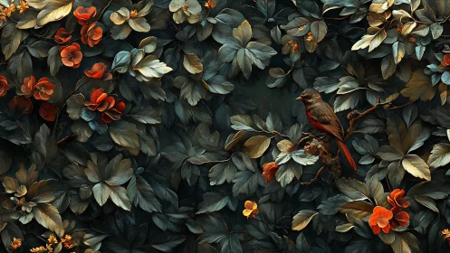 Digital foliage composition shows perched bird among dense leaves
