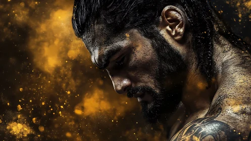 Photorealistic warrior portrait with golden particle bokeh focus.