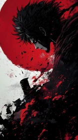 Solitary warrior contemplates battle beneath a rising red sun