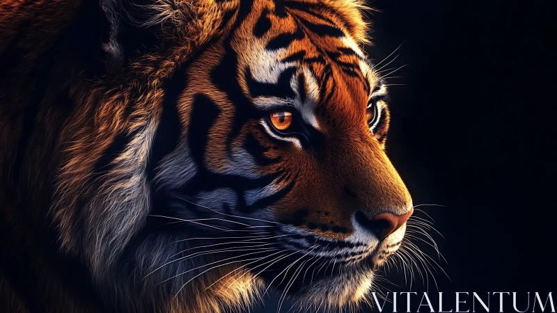Tiger head rendered in high-contrast side profile lighting view