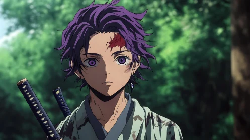 Purple-haired anime swordsman with head wound in forest light