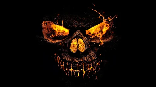 Molten lava skull face emerging from dark background.
