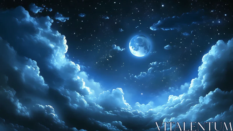 Bright full moon over dense glowing night clouds.