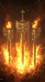 Three Ornate Golden Swords Rendered in Dramatic Flaming Inferno Effect