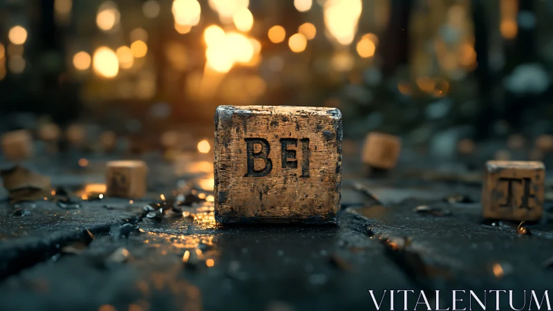 Photorealistic close-up of worn BEI block on wet cobblestones.