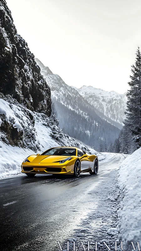 Yellow supercar cuts through snow-covered alpine mountain road.