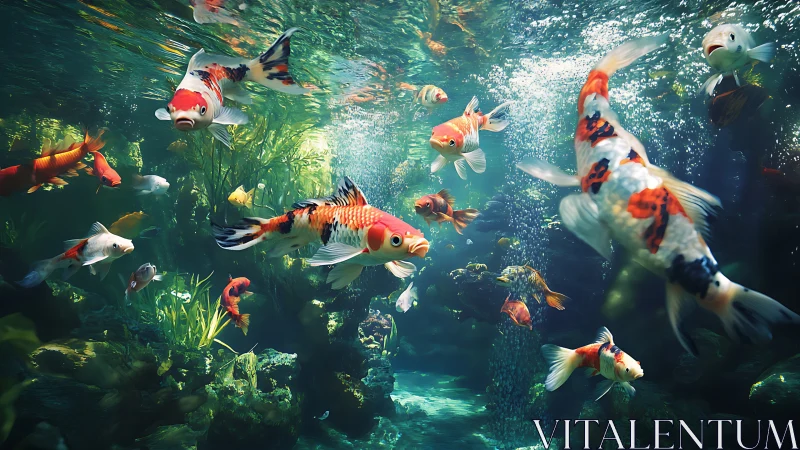 High-clarity koi fish swarm illuminated by filtered aquatic light