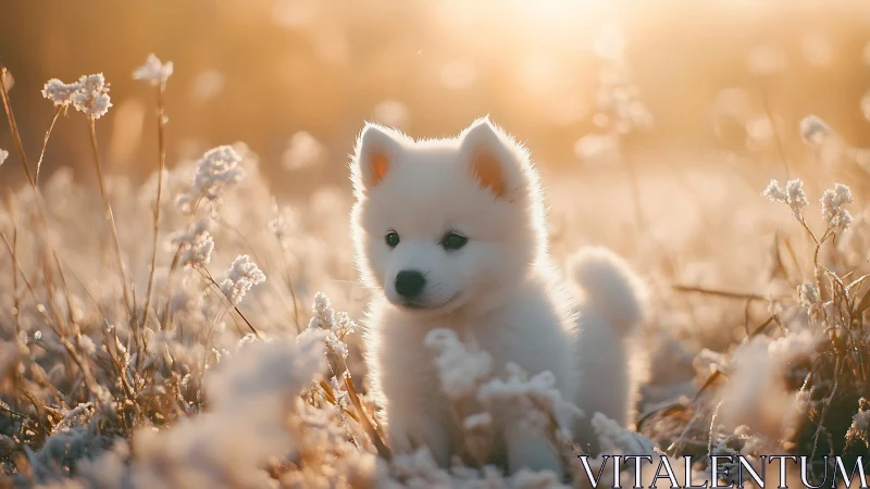White puppy stands in frosty meadow under warm sunrise light