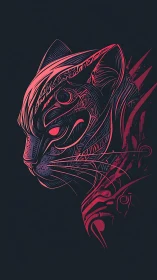 Neon line-art feline constructed with tribal circuitry forms.