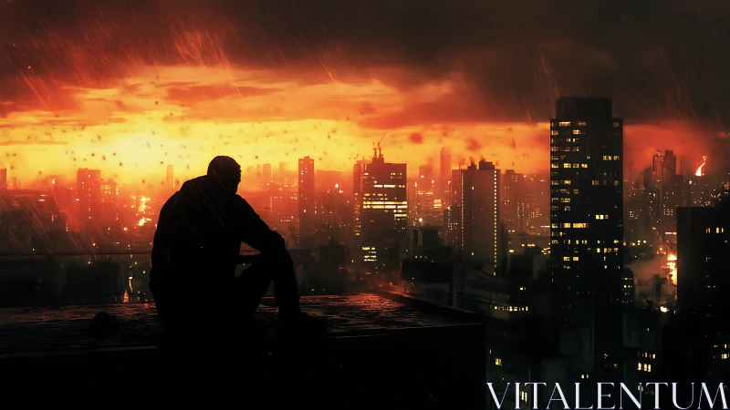 Silhouetted lone figure studies burning cyberpunk city skyline