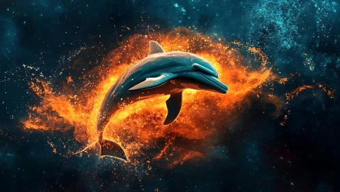 3D luminous dolphin silhouette against eruptive nebular fire halo.