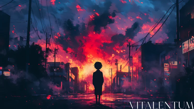 Silhouetted wanderer beneath a burning neon twilight sky.