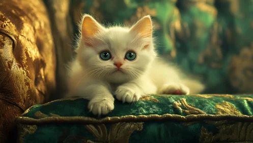 White Kitten with Jade Eyes on Ornate Cushion.
