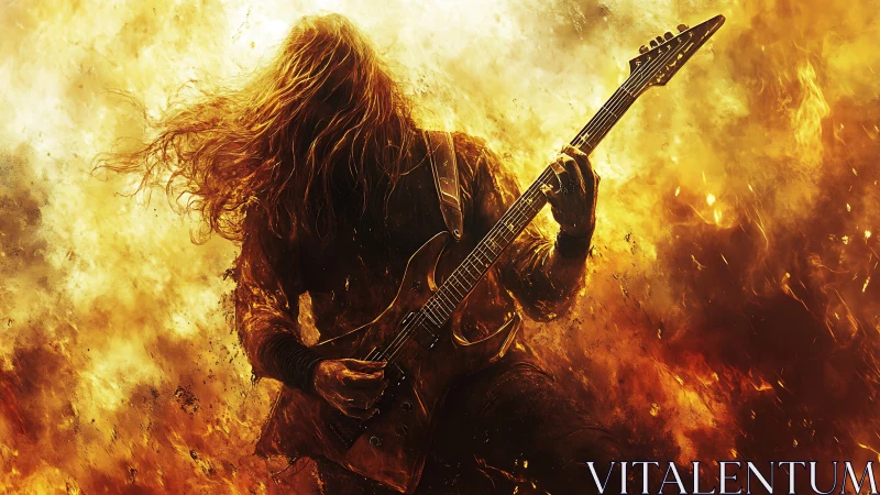 Metal Guitarist in Fiery Inferno Performance Scene.