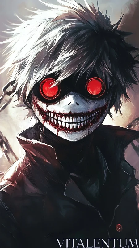 Ghoul-eyed trickster grins through bloodlit nightmare haze.