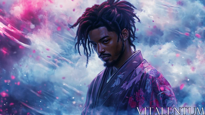 Moody digital portrait of man in kimono amid neon clouds.