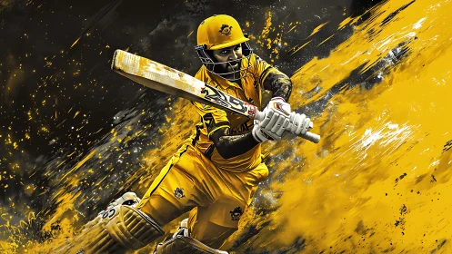 Dynamic cricket batsman in yellow amid abstract splashes.