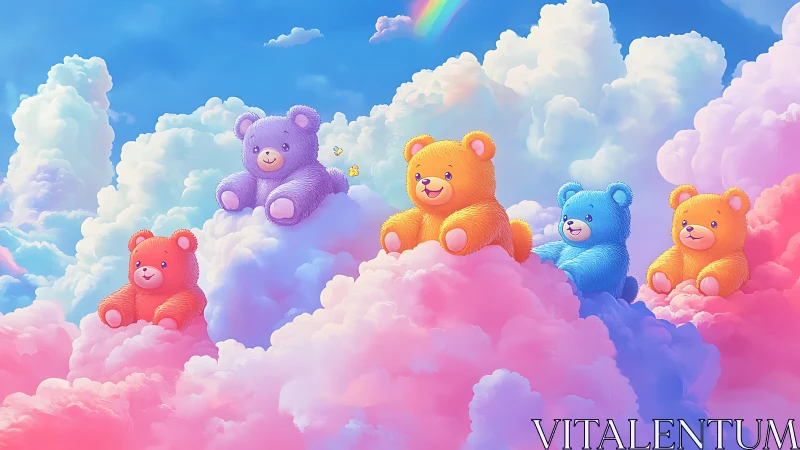 Dimensional teddy bear assembly among clouds and rainbow arc.