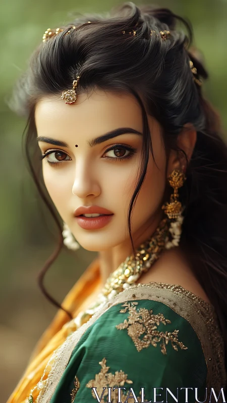 Elegant woman in green sari with golden bridal jewelry