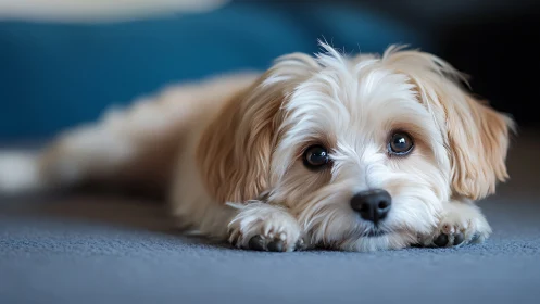 Small light-colored dog lying on indoor carpeted surface.