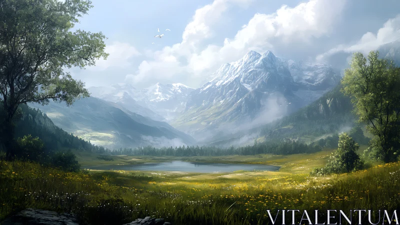 Snow crowned mountains whisper over a sunlit meadow lake