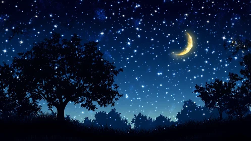 Night sky with crescent moon and trees in dark blue landscape.