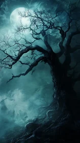 Moonlit twisted tree rising through spectral blue fog.