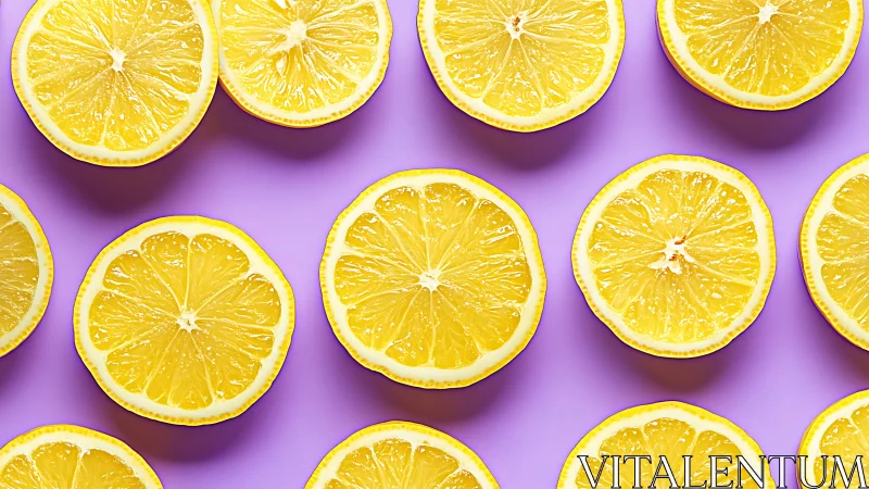 Lemon halves are arranged in a uniform grid on violet background
