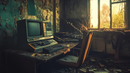 Decaying retro computer in sunlit abandoned office interior.
