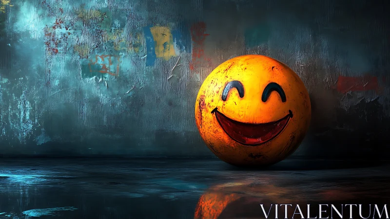 Smiling sphere with worn texture contrasts against grungy wet wall