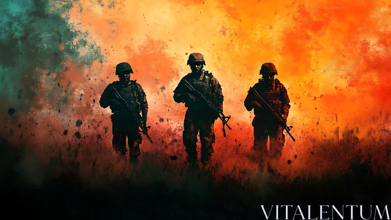 Triad of soldiers marching through wildfire dusk storm.