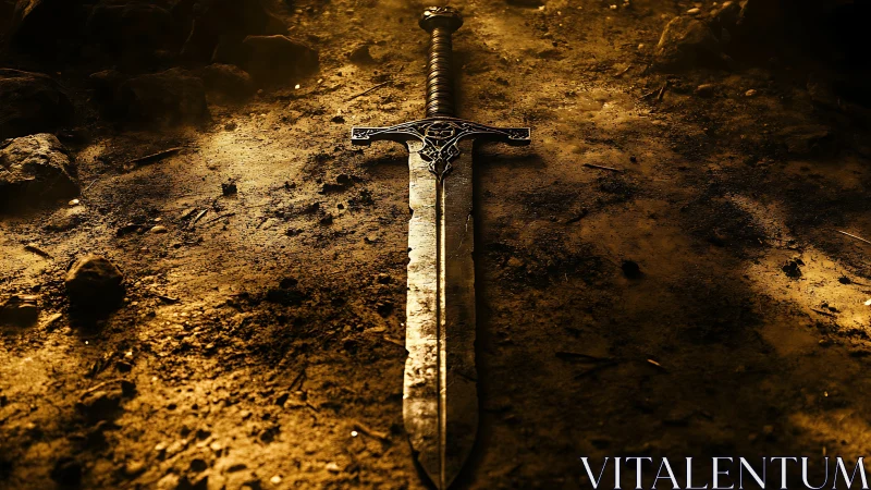 Weathered sword resting in warm, golden battlefield dust.