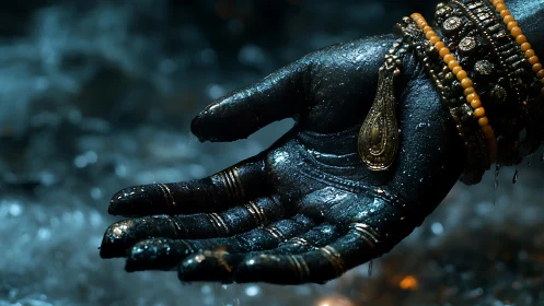 Wet dark hand with metallic jewelry and beaded bracelets.