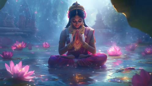 Woman in lotus pond meditating amid glowing pink flowers.