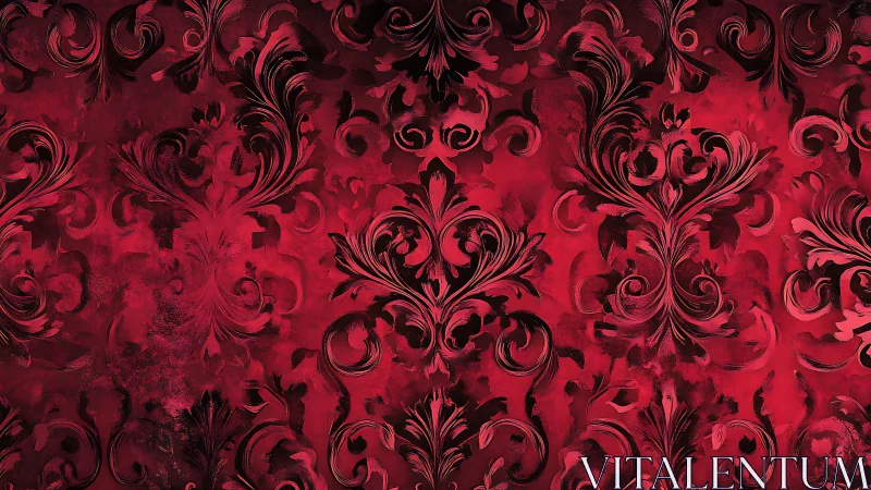 Baroque red damask pattern with ornate floral scrolls.